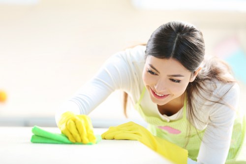 Technician performing curtain cleaning on hanging drapes