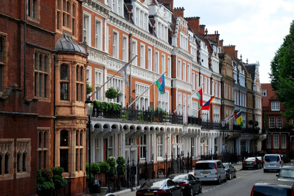 Street view of Mount Street W1K in Mayfair featuring a mix of commercial buildings with large display windows, some showcasing luxury cars like a yellow Lamborghini and a black sports car parked in front. The buildings are constructed from light-colored stone and dark brick materials, with multiple rectangular windows. The scene is illuminated by natural daylight, casting shadows from nearby trees with green and yellow leaves. The street surface is asphalt with visible road markings, and there are pedestrians walking along the sidewalk. Mayfair Carpet Cleaners logo and signage are not visible in this image, but the scene emphasizes the upscale urban environment that may require professional cleaning services for the commercial properties.